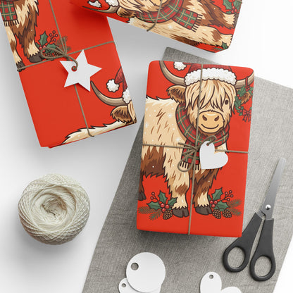 Highland Cow Wrapping Paper – Cute Highland Cattle with Santa Hat, Festive Holiday Gift Wrap