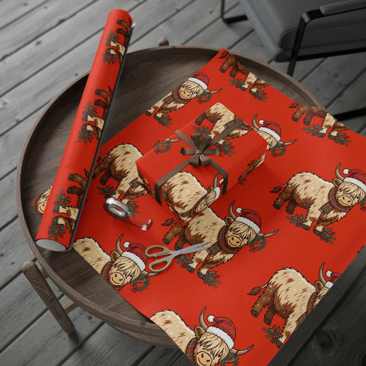 Highland Cow Wrapping Paper – Cute Highland Cattle with Santa Hat, Festive Holiday Gift Wrap